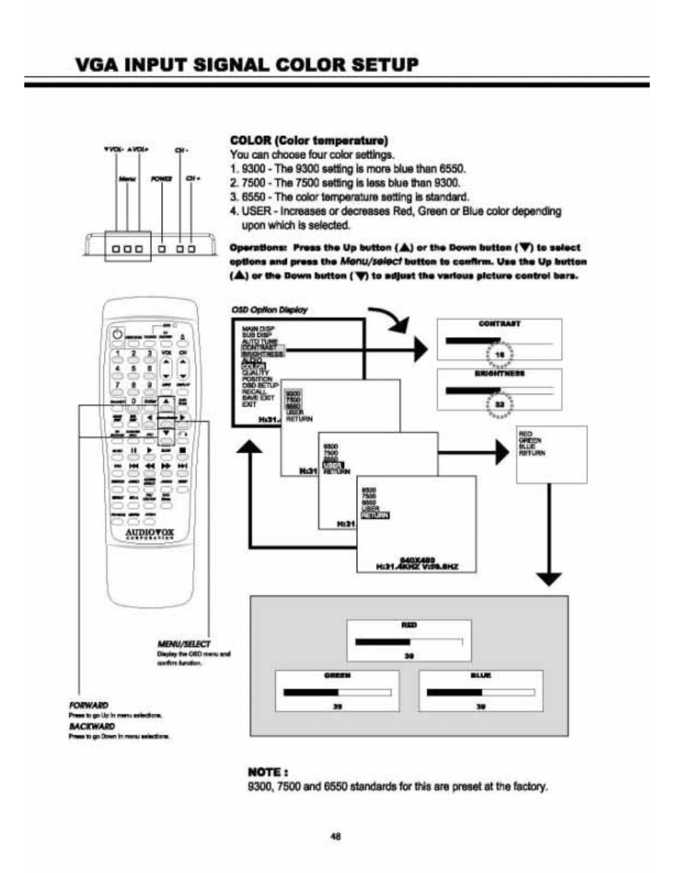 Color (color tohipofturo), Note, Vga input signal color setup | Audiovox VE 1510DV User Manual | Page 47 / 60