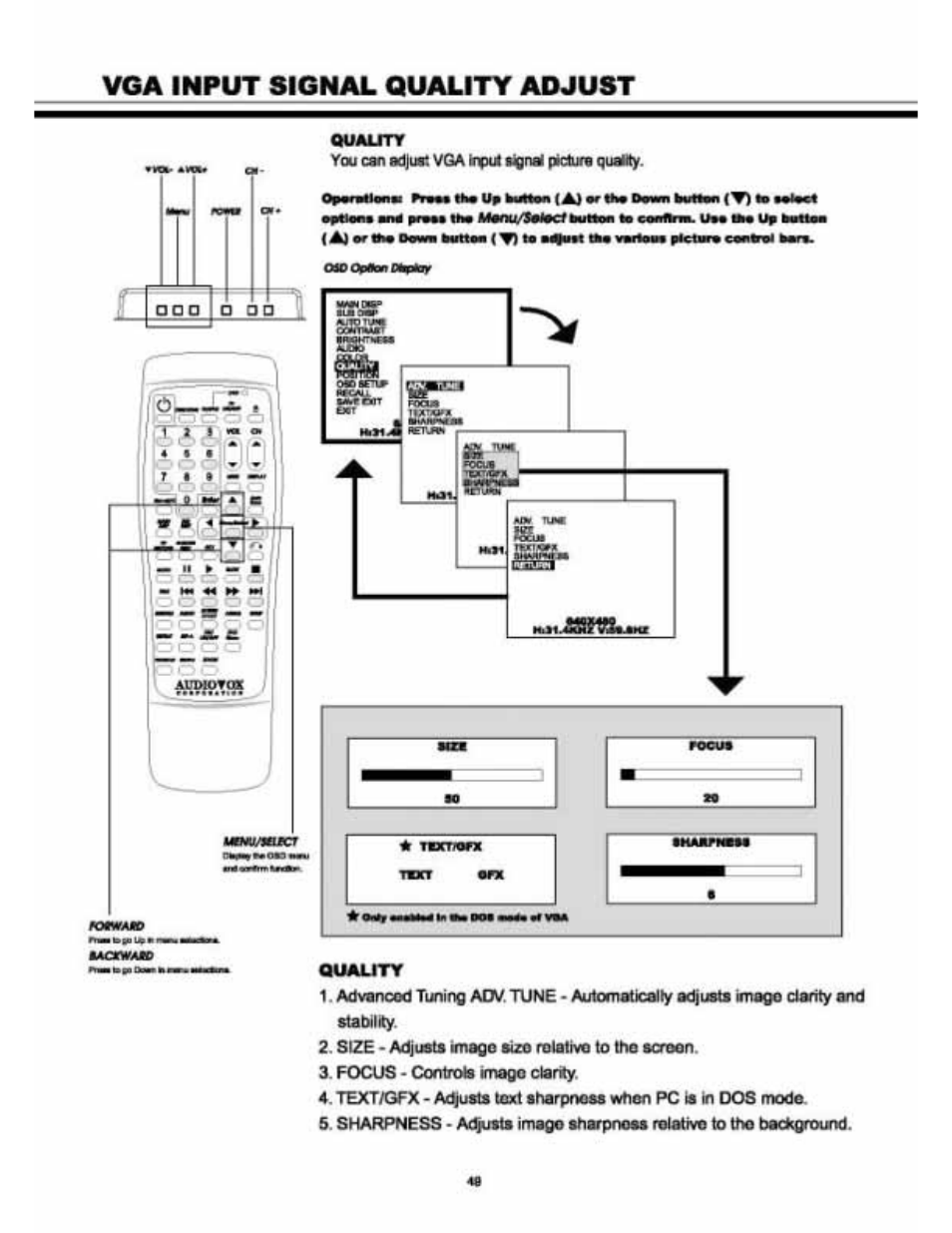 Vga input signal quality adjust, Lacxwaio | Audiovox VE 1510DV User Manual | Page 48 / 60