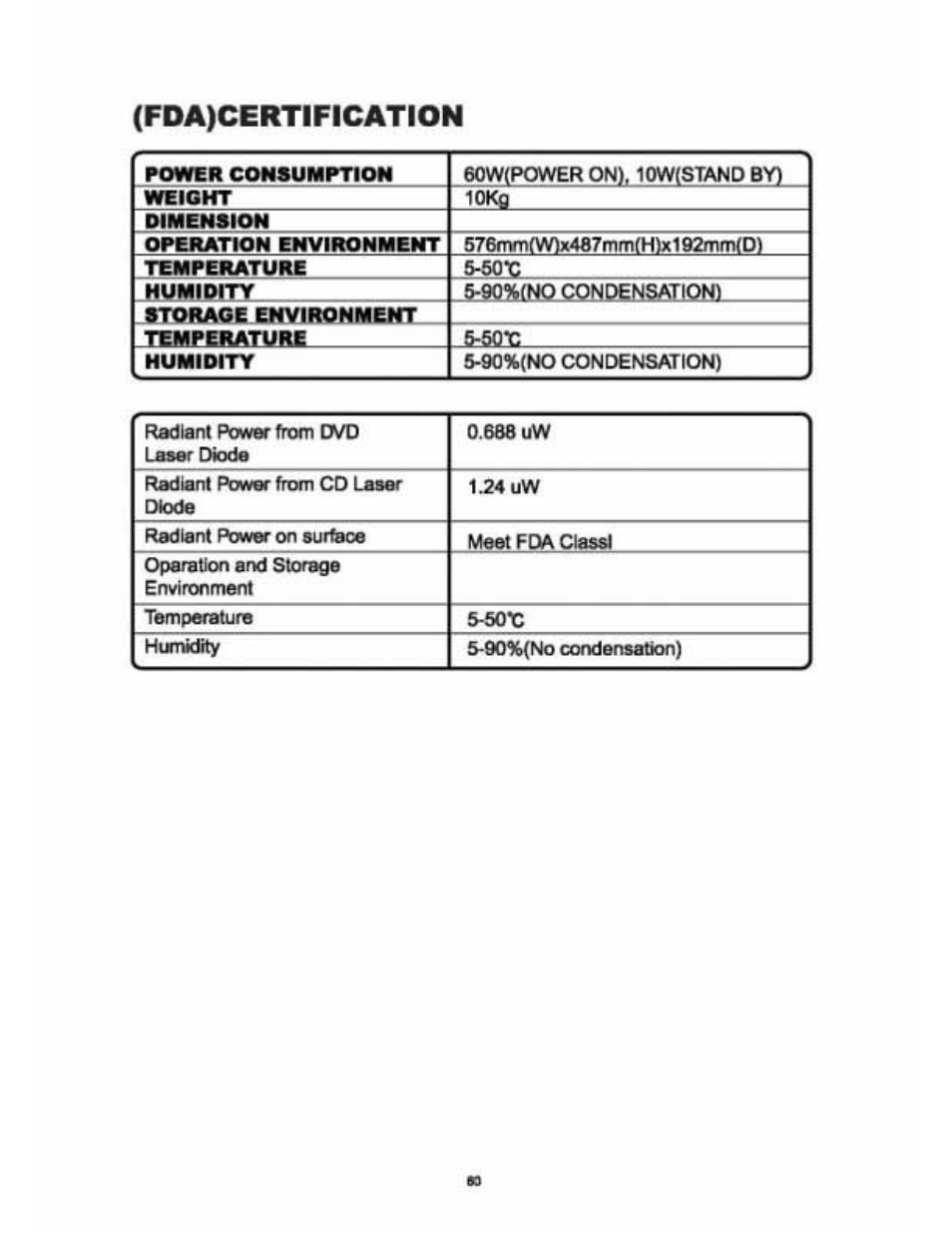 Fda)certification | Audiovox VE 1510DV User Manual | Page 59 / 60