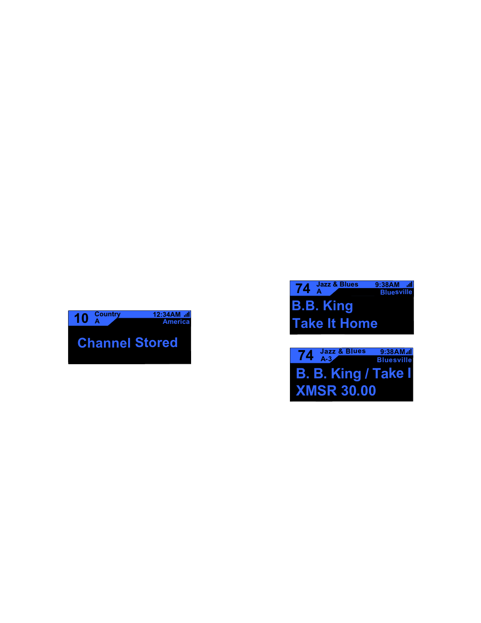 Display button, Xmsr 30.00, B. b. king / take i | Channel stored, Take it home, B.b. king | Audiovox XR9 User Manual | Page 10 / 35