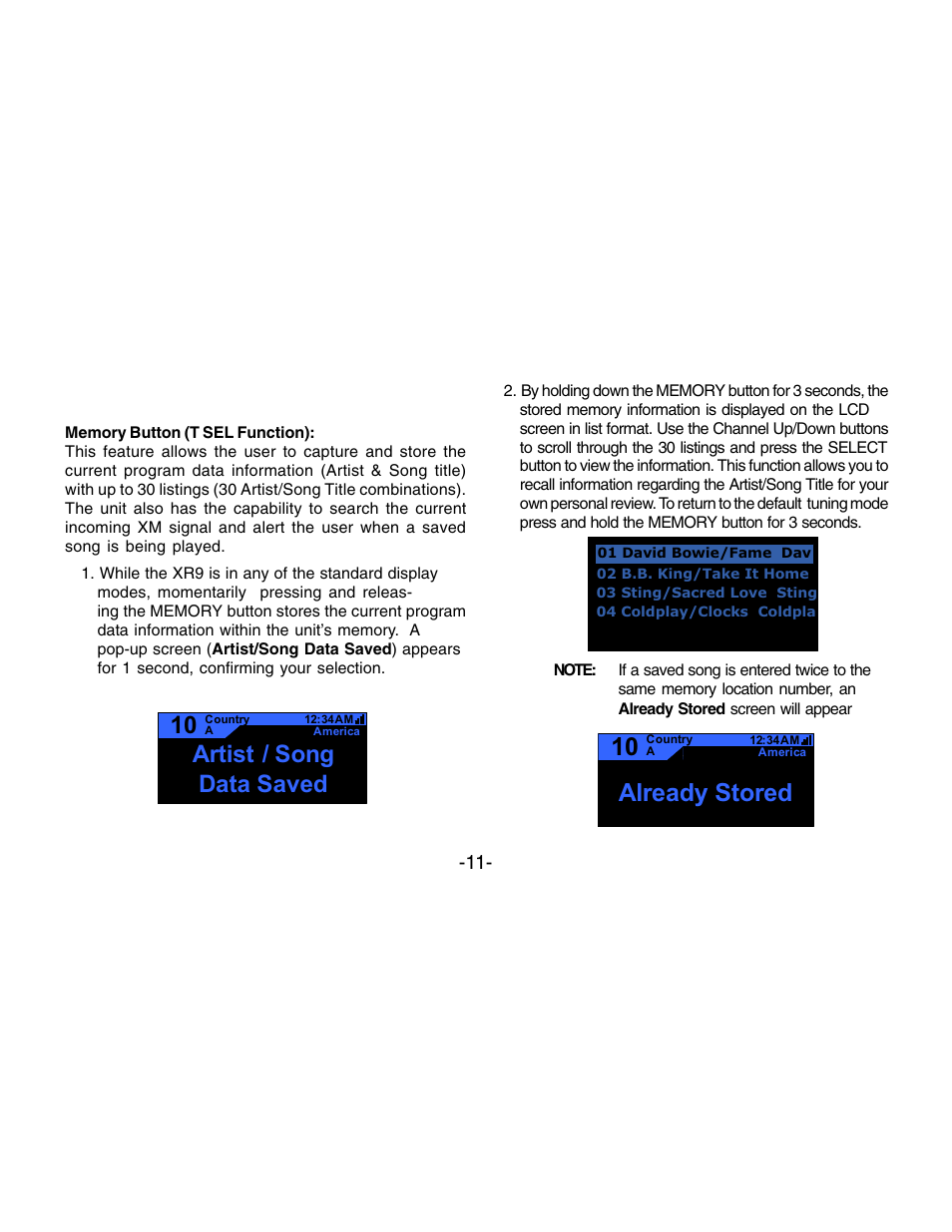 Memory button, Already stored, Data saved | Artist / song | Audiovox XR9 User Manual | Page 11 / 35