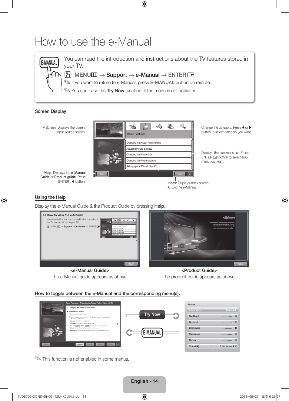 How to use the e-manual, Menu m → support → e-manual → enter e, E-manual | English - 14, This function is not enabled in some menus, Try now | Samsung UE55D8000YS User Manual | Page 14 / 82