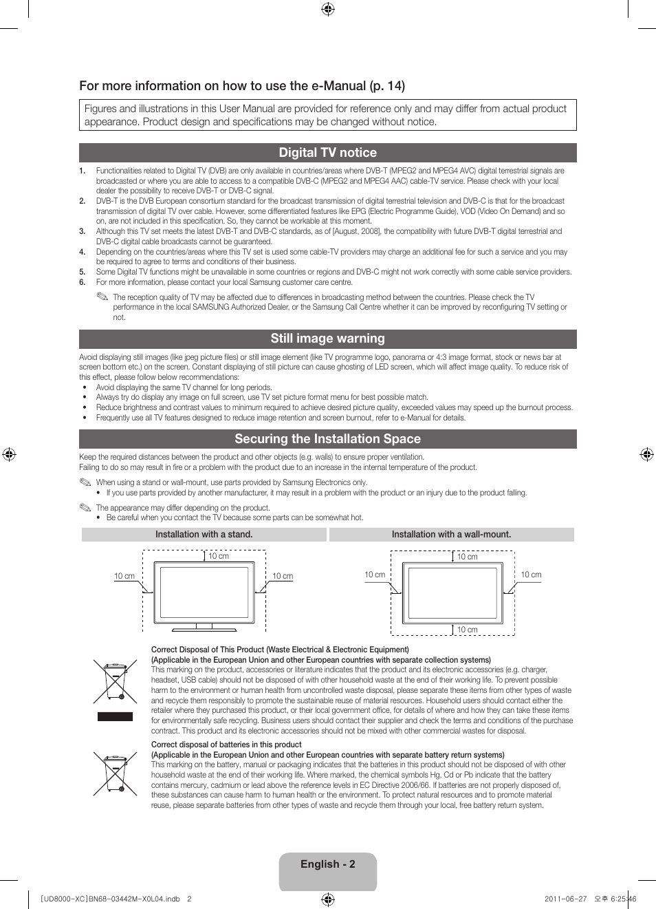Digital tv notice, Still image warning, Securing the installation space | Samsung UE55D8000YS User Manual | Page 2 / 82