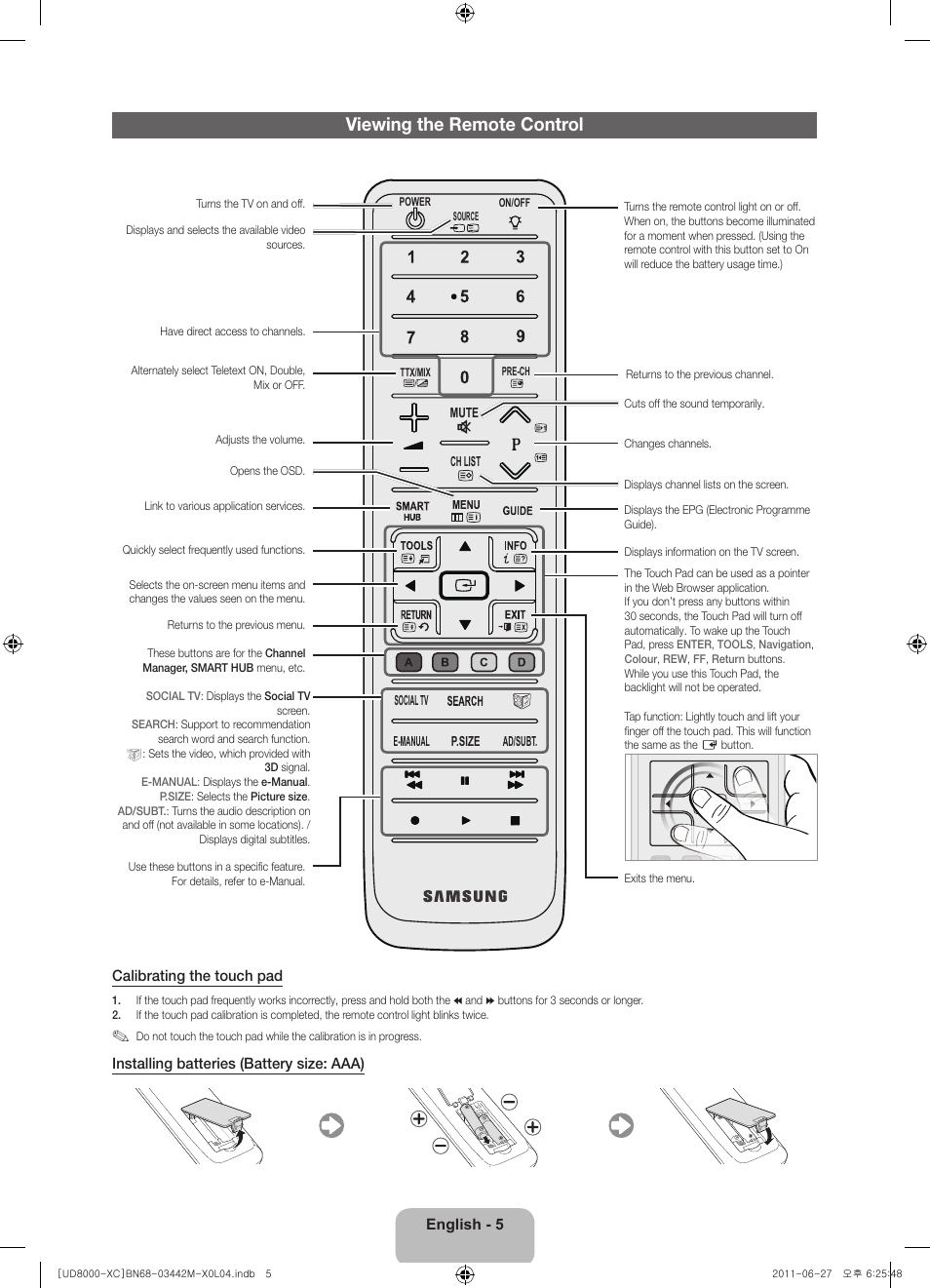 Viewing the remote control | Samsung UE55D8000YS User Manual | Page 5 / 82