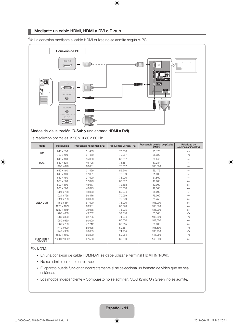 Mediante un cable hdmi, hdmi a dvi o d-sub | Samsung UE55D8000YS User Manual | Page 51 / 82