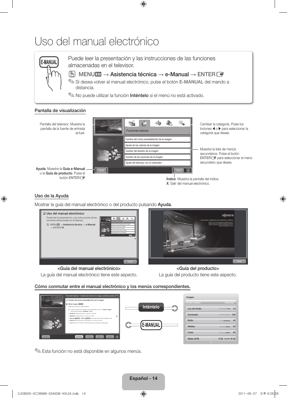 Uso del manual electrónico, Menu m → asistencia técnica → e-manual → enter e, E-manual | Español - 14, Esta función no está disponible en algunos menús, Inténtelo | Samsung UE55D8000YS User Manual | Page 54 / 82