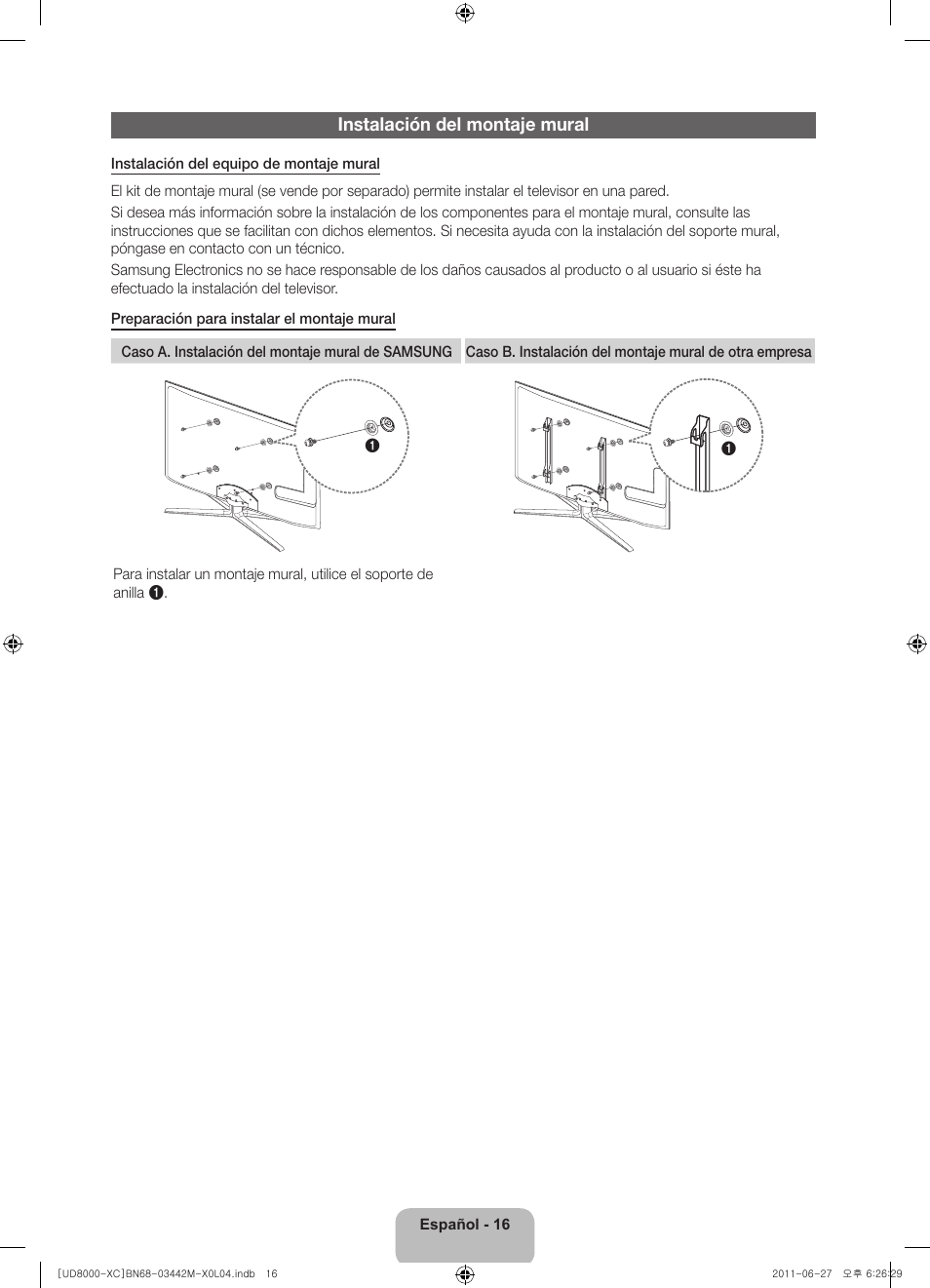 Instalación del montaje mural | Samsung UE55D8000YS User Manual | Page 56 / 82