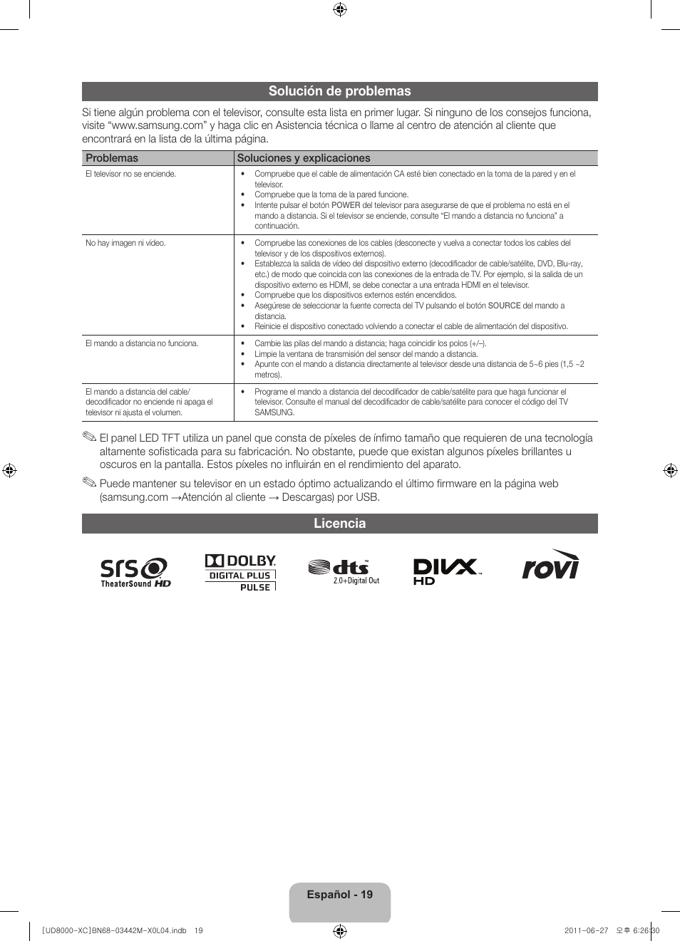 Solución de problemas, Licencia | Samsung UE55D8000YS User Manual | Page 59 / 82