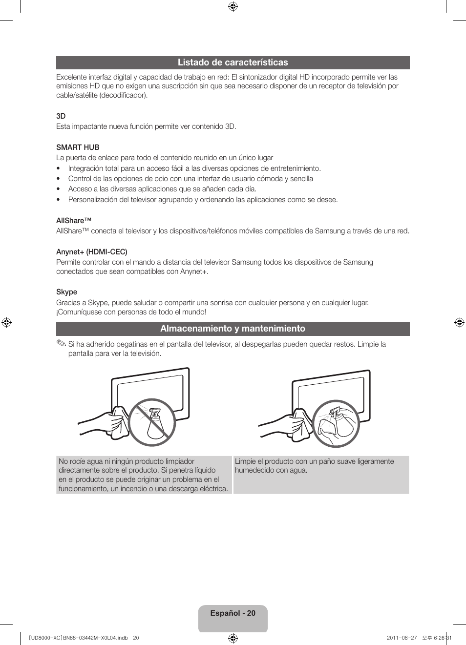 Listado de características, Almacenamiento y mantenimiento | Samsung UE55D8000YS User Manual | Page 60 / 82