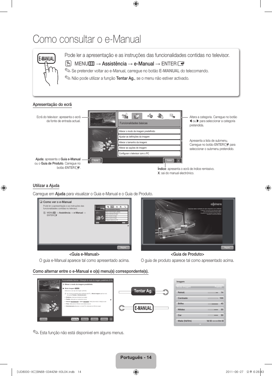 Como consultar o e-manual, Menu m → assistência → e-manual → enter e, E-manual | Português - 14, Esta função não está disponível em alguns menus, Tentar ag | Samsung UE55D8000YS User Manual | Page 74 / 82