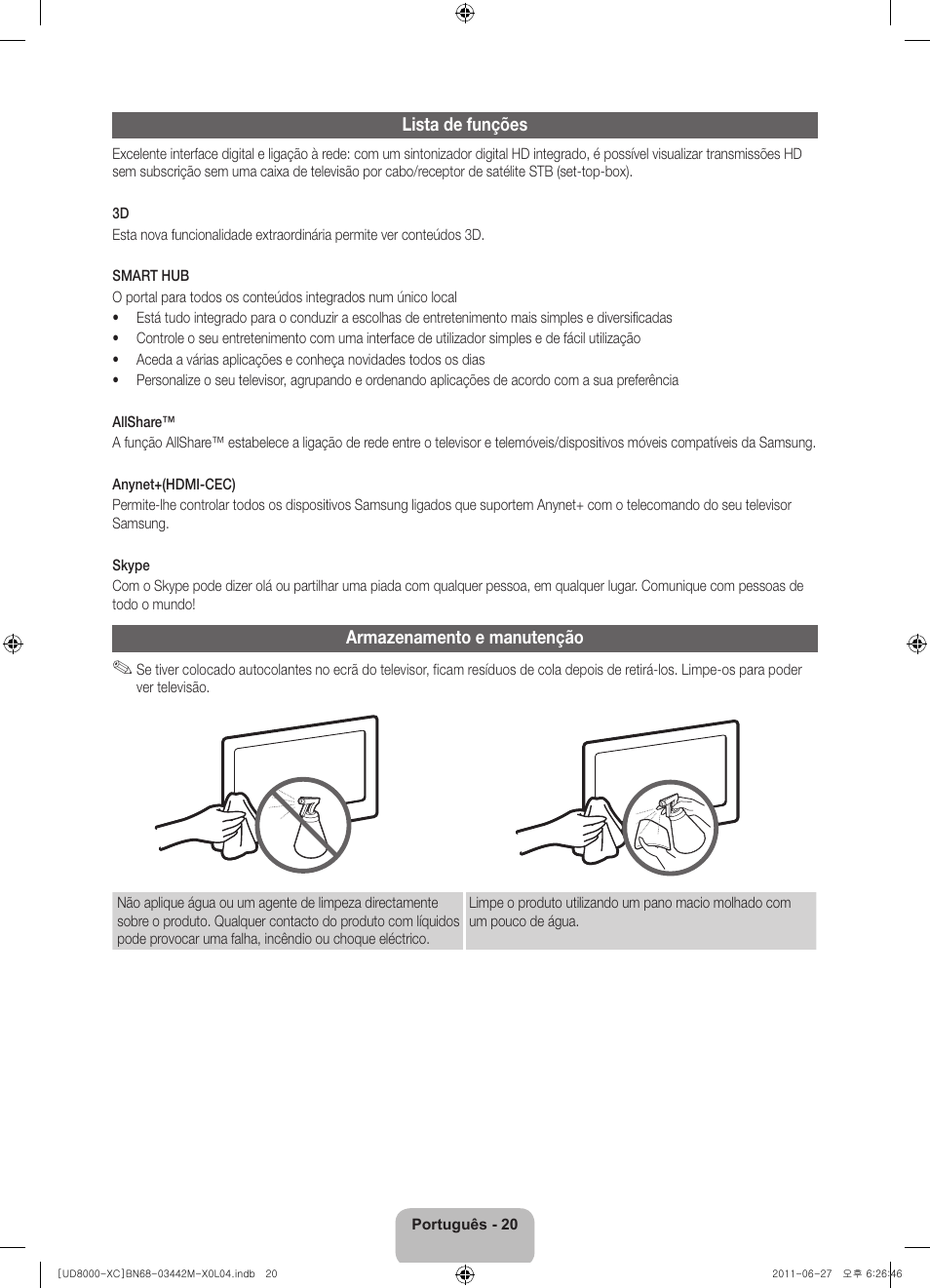 Lista de funções, Armazenamento e manutenção | Samsung UE55D8000YS User Manual | Page 80 / 82