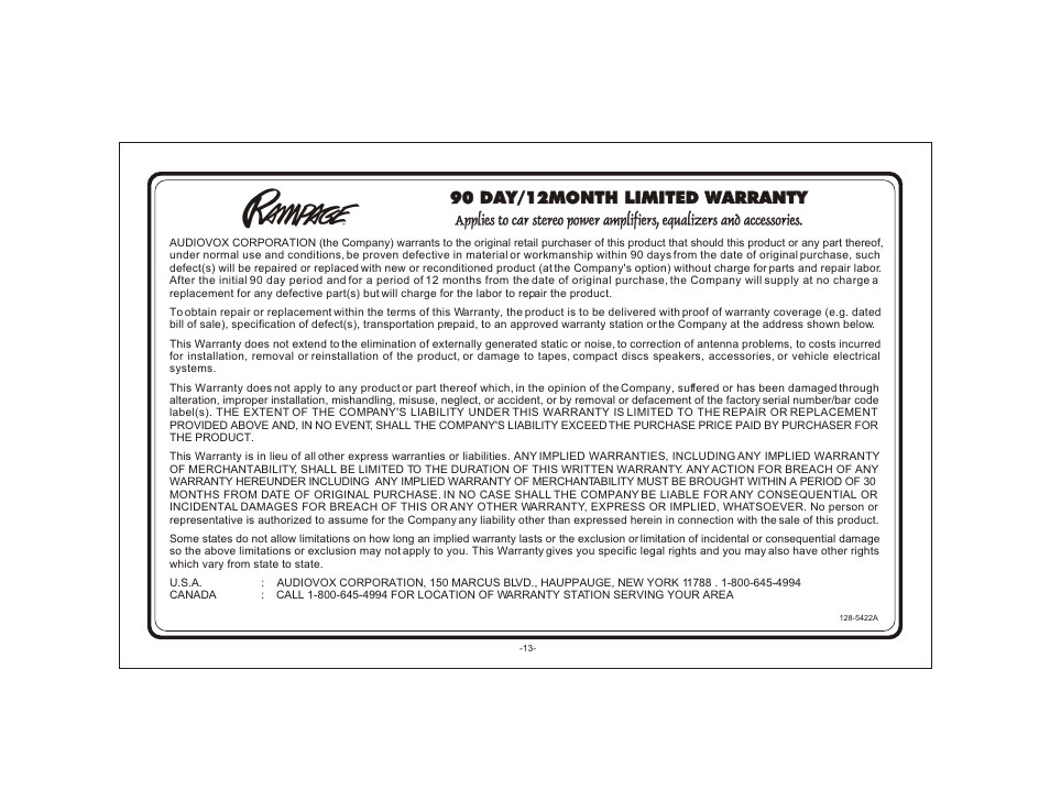 90 day/12month limited warranty | Audiovox AXT-1200 User Manual | Page 13 / 14