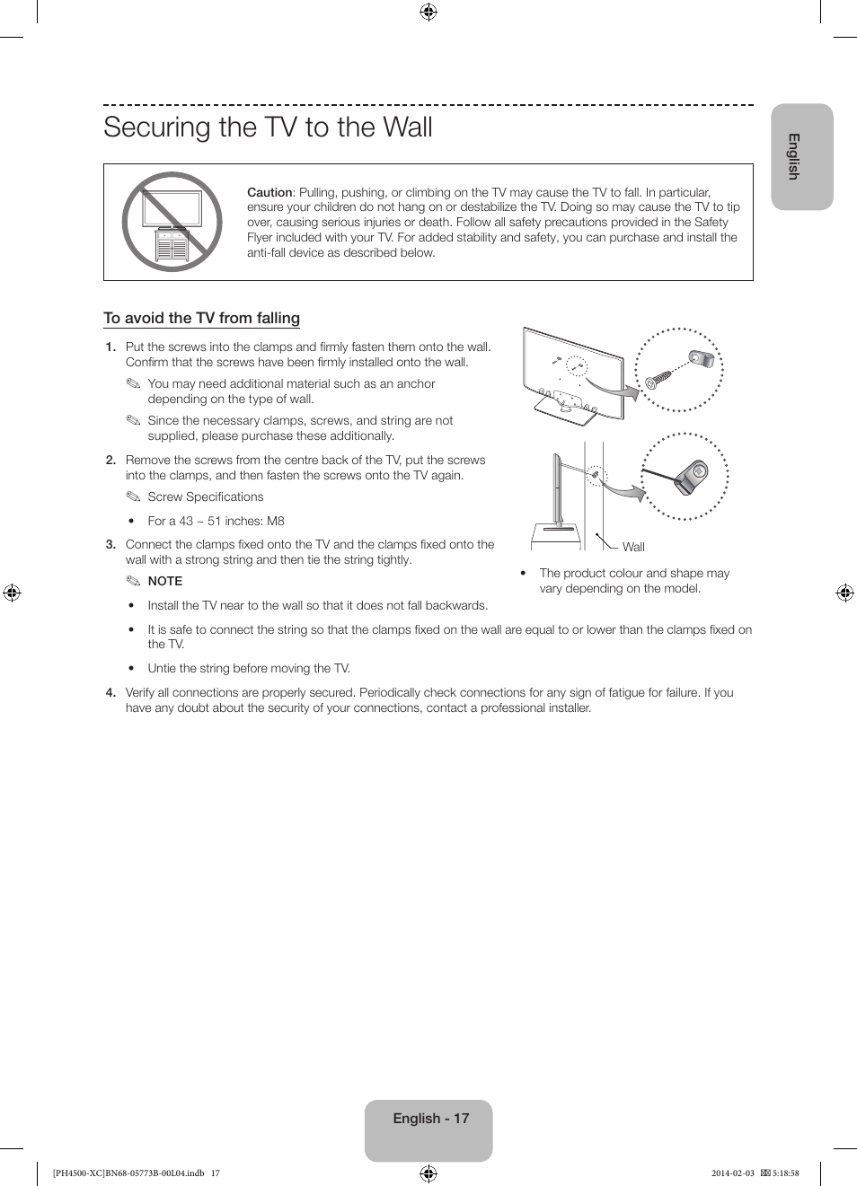 Securing the tv to the wall | Samsung PE51H4500AW User Manual | Page 17 / 89