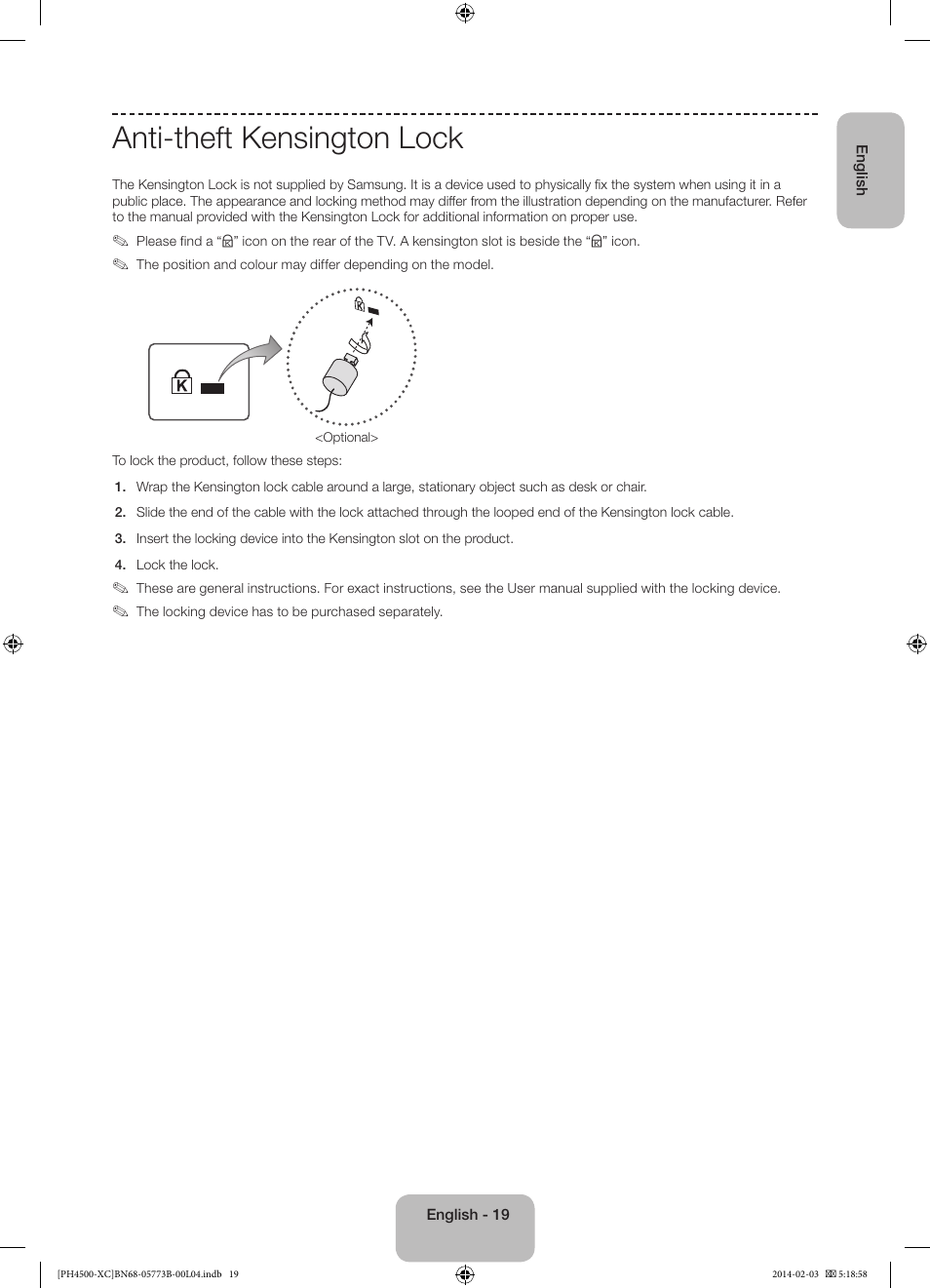 Anti-theft kensington lock | Samsung PE51H4500AW User Manual | Page 19 / 89