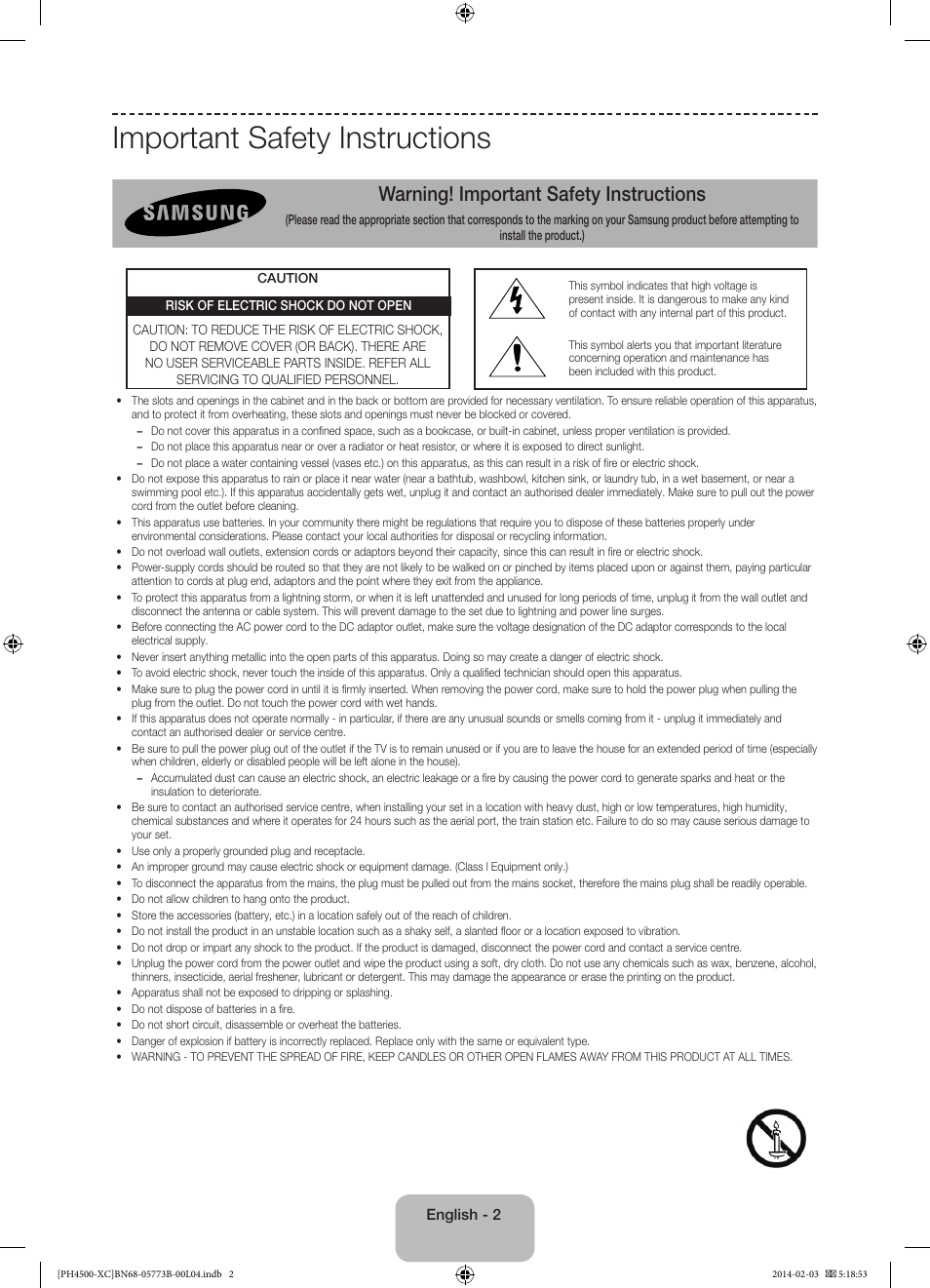 Important safety instructions, Warning! important safety instructions | Samsung PE51H4500AW User Manual | Page 2 / 89