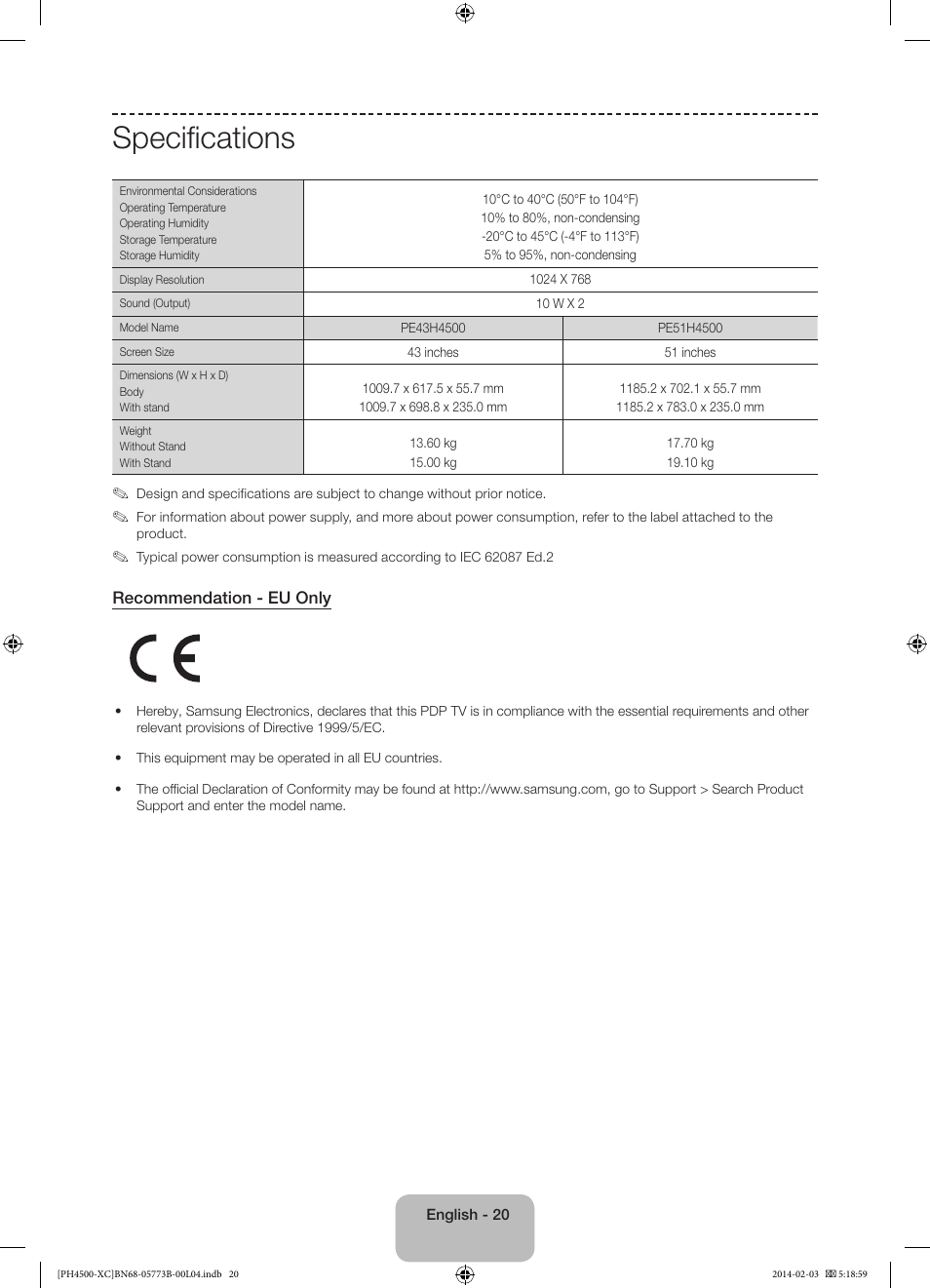Specifications | Samsung PE51H4500AW User Manual | Page 20 / 89