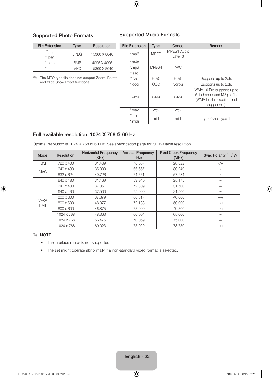 Supported photo formats, Supported music formats | Samsung PE51H4500AW User Manual | Page 22 / 89