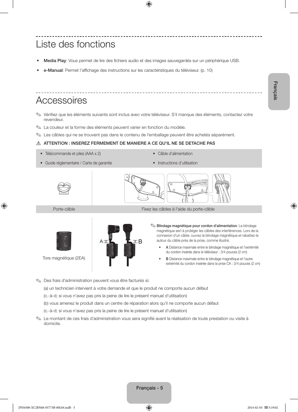 Liste des fonctions, Accessoires | Samsung PE51H4500AW User Manual | Page 27 / 89