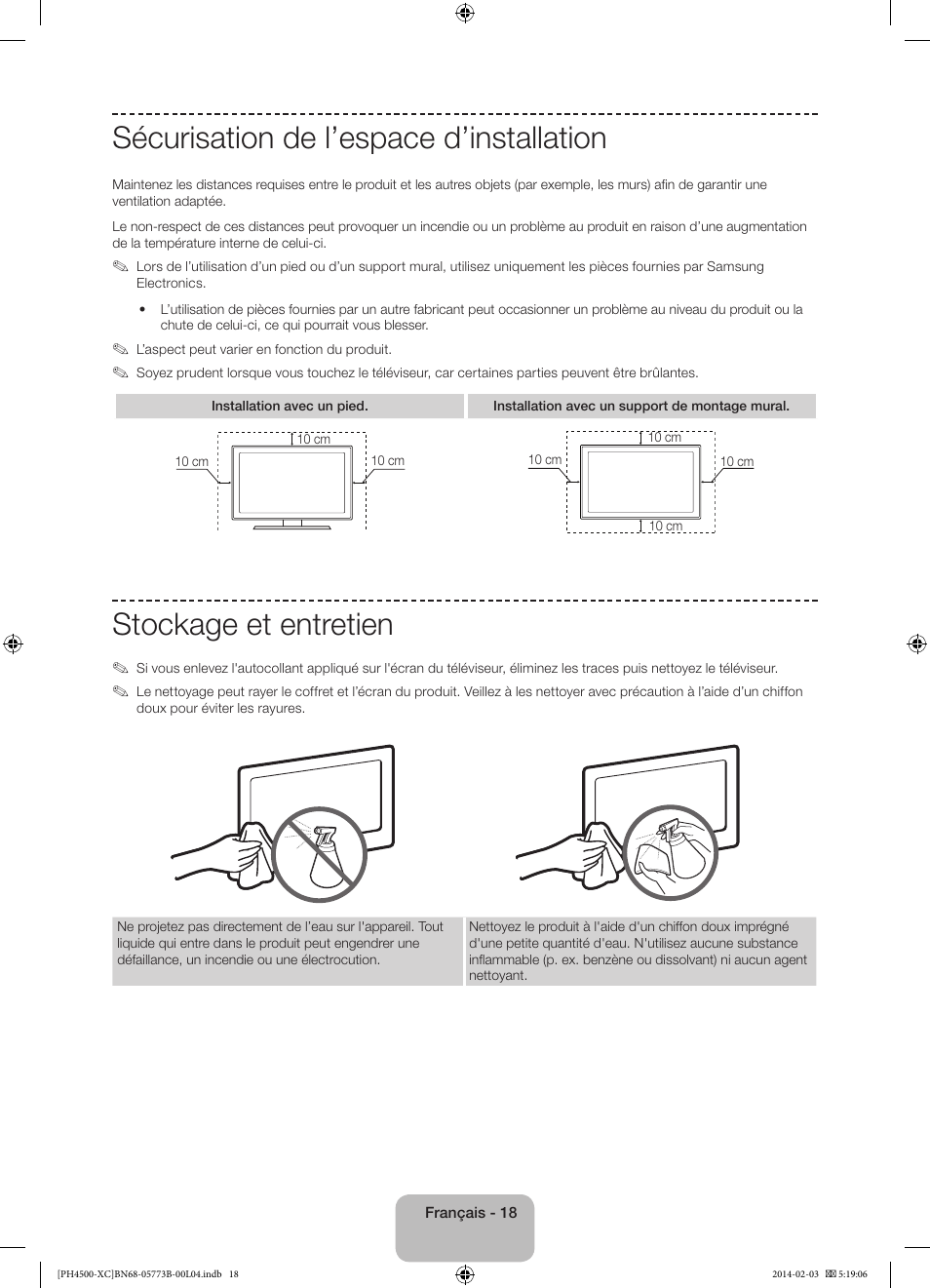 Sécurisation de l’espace d’installation, Stockage et entretien | Samsung PE51H4500AW User Manual | Page 40 / 89