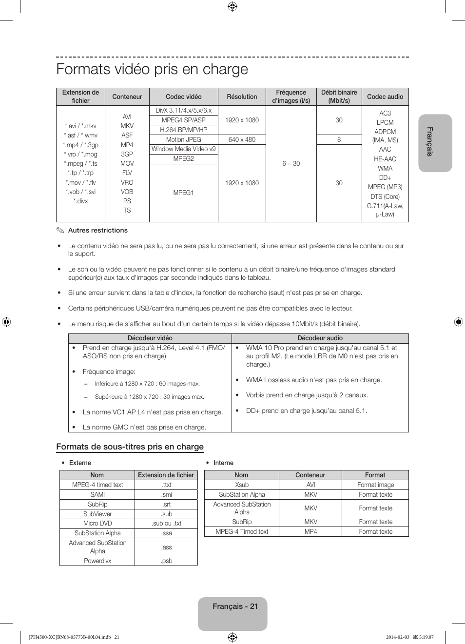 Formats vidéo pris en charge, Formats de sous-titres pris en charge | Samsung PE51H4500AW User Manual | Page 43 / 89