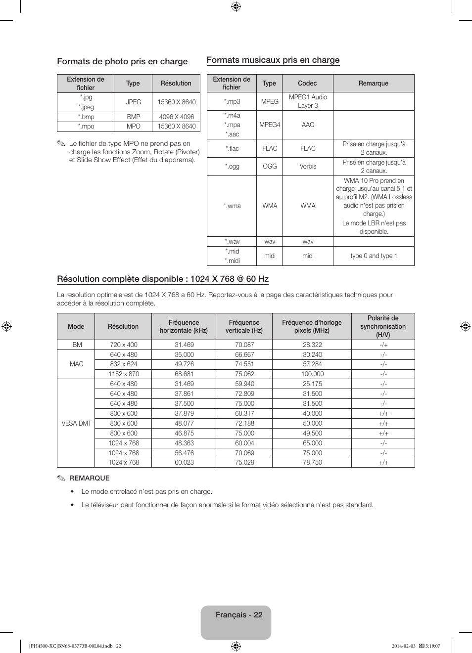 Formats de photo pris en charge, Formats musicaux pris en charge | Samsung PE51H4500AW User Manual | Page 44 / 89
