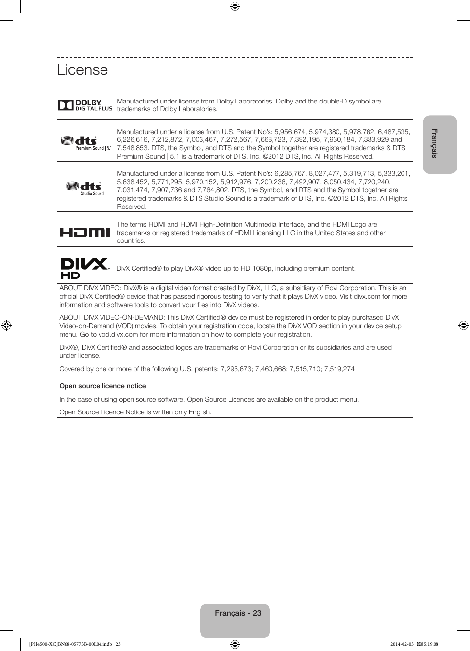 License | Samsung PE51H4500AW User Manual | Page 45 / 89