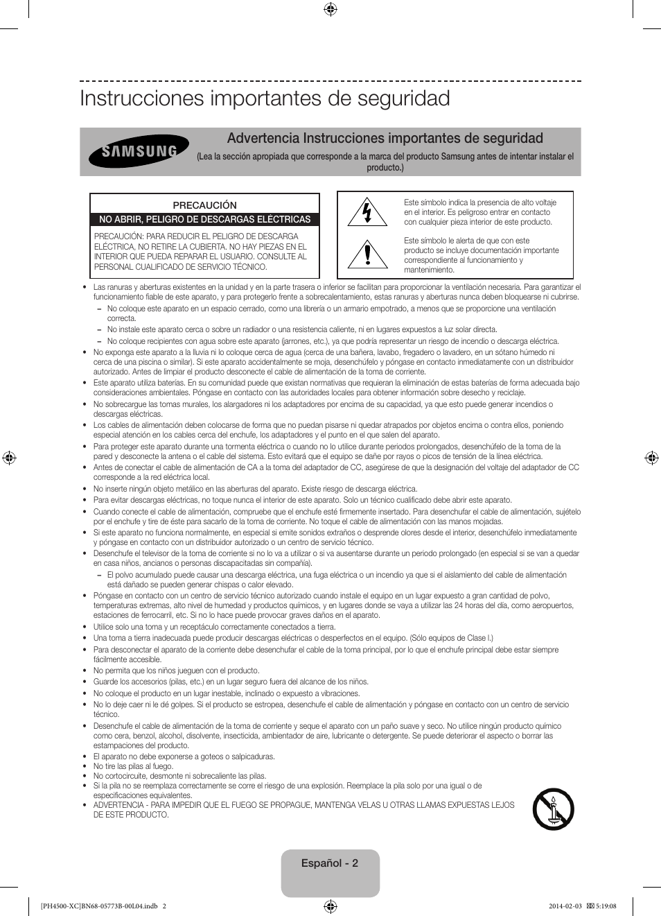 Instrucciones importantes de seguridad, Advertencia instrucciones importantes de seguridad | Samsung PE51H4500AW User Manual | Page 46 / 89