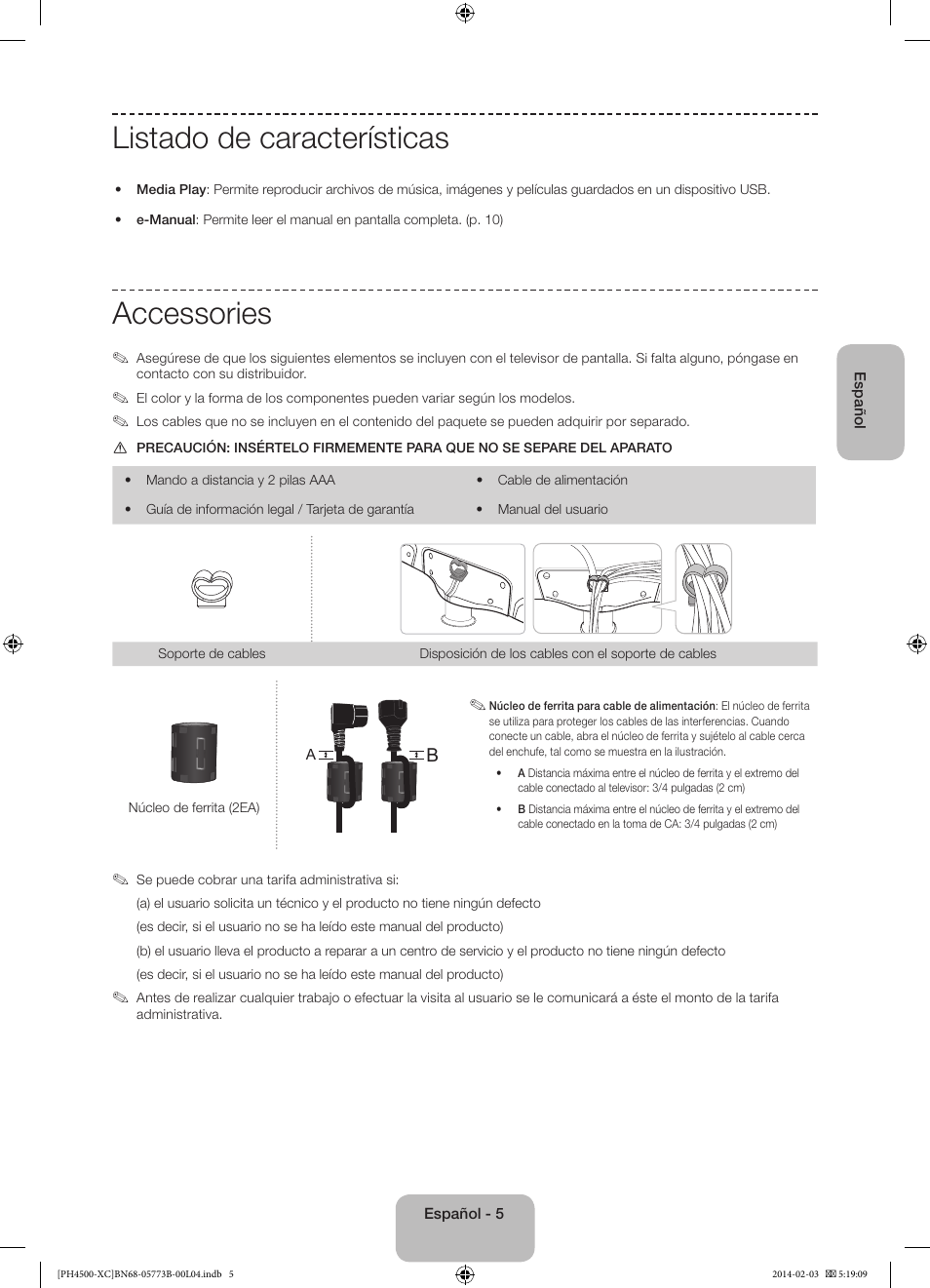 Listado de características, Accessories | Samsung PE51H4500AW User Manual | Page 49 / 89