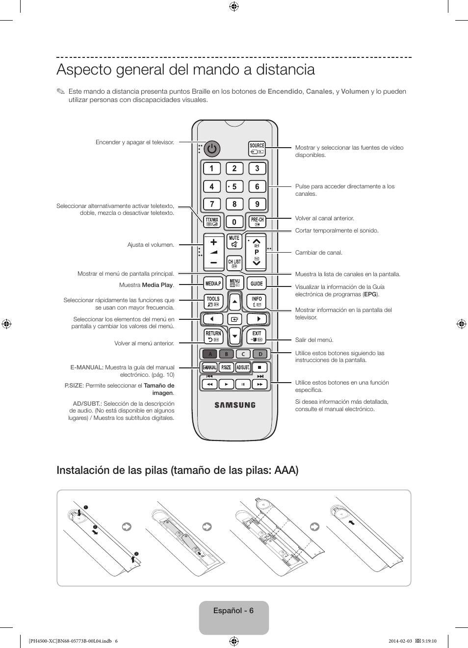 Aspecto general del mando a distancia | Samsung PE51H4500AW User Manual | Page 50 / 89