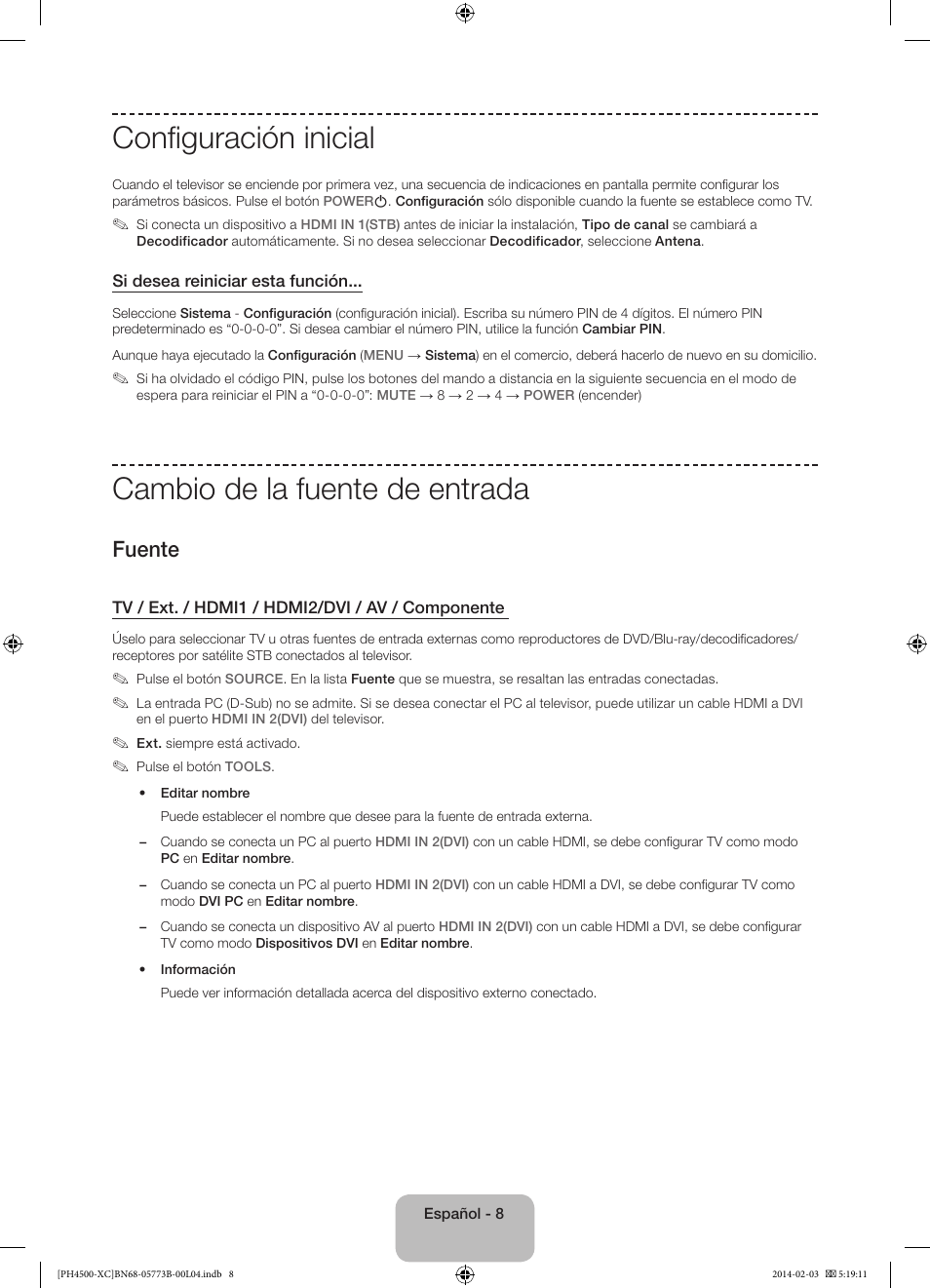 Configuración inicial, Cambio de la fuente de entrada, Fuente | Samsung PE51H4500AW User Manual | Page 52 / 89