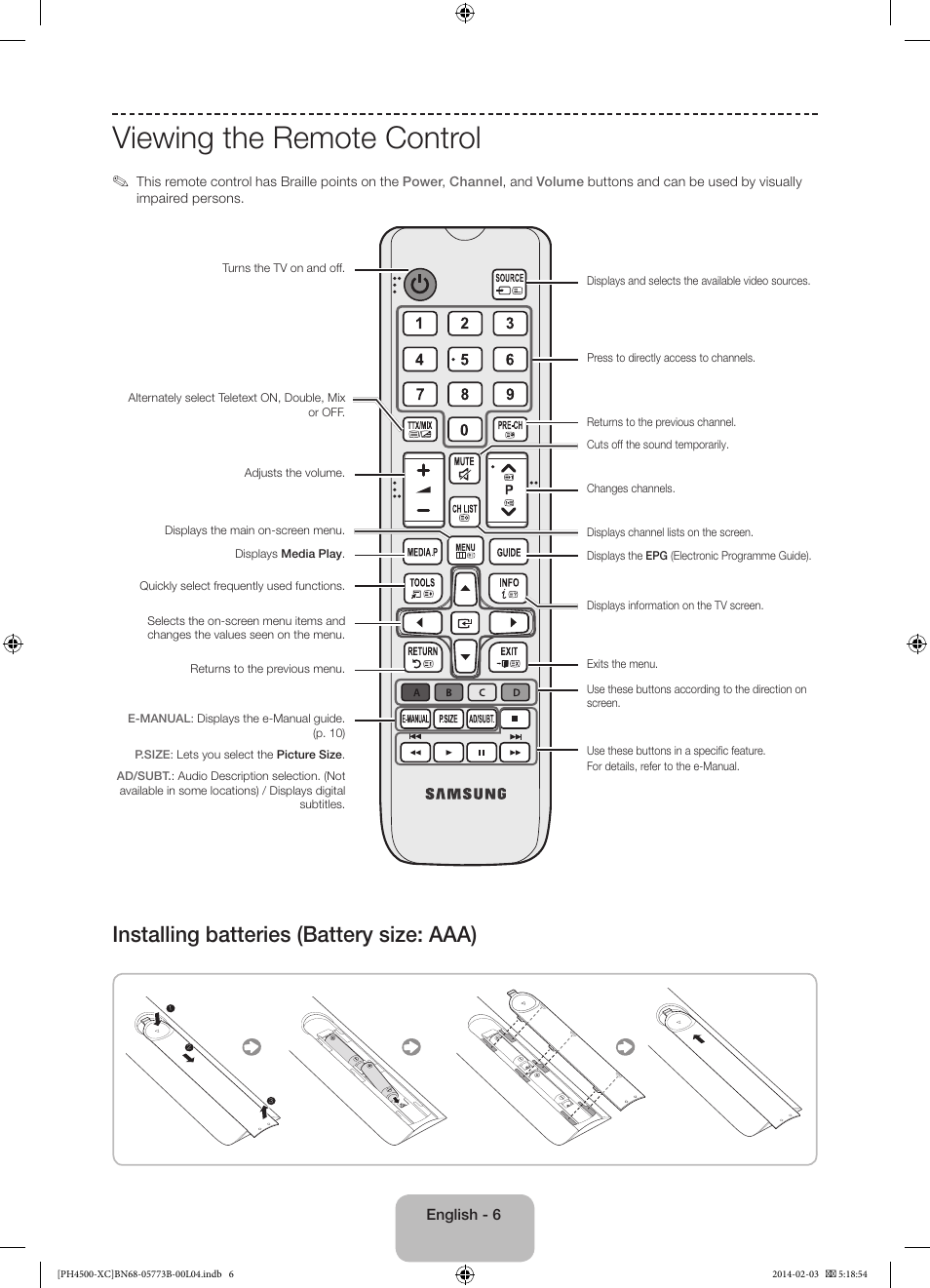 Viewing the remote control, Installing batteries (battery size: aaa) | Samsung PE51H4500AW User Manual | Page 6 / 89