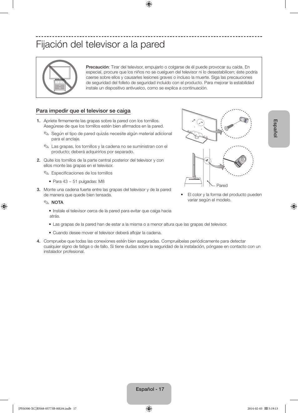 Fijación del televisor a la pared | Samsung PE51H4500AW User Manual | Page 61 / 89