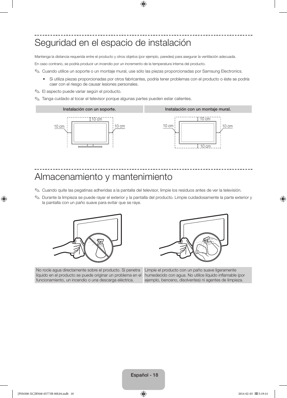 Seguridad en el espacio de instalación, Almacenamiento y mantenimiento | Samsung PE51H4500AW User Manual | Page 62 / 89