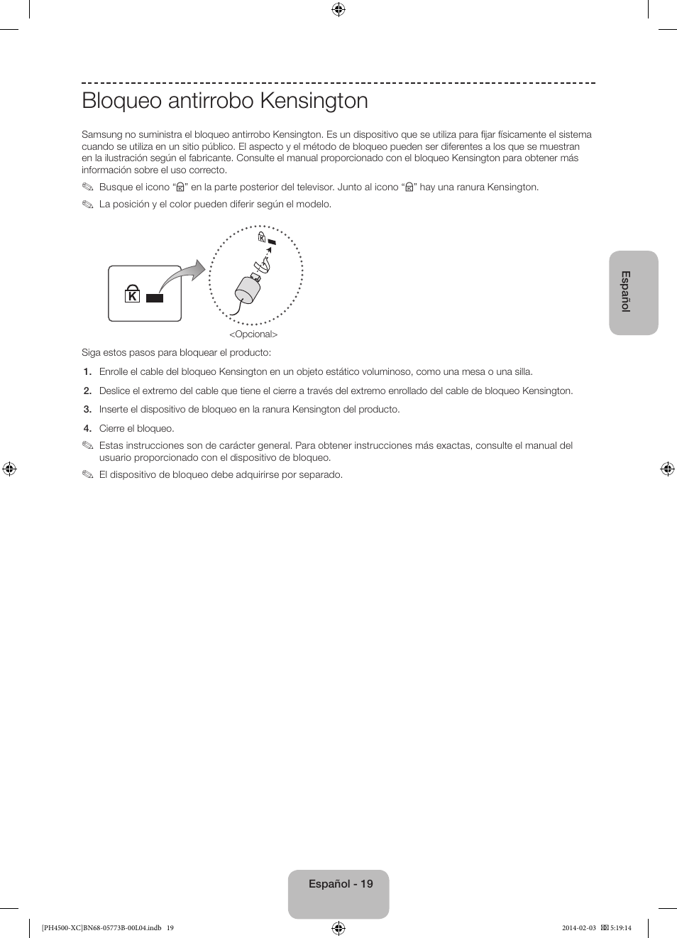 Bloqueo antirrobo kensington | Samsung PE51H4500AW User Manual | Page 63 / 89