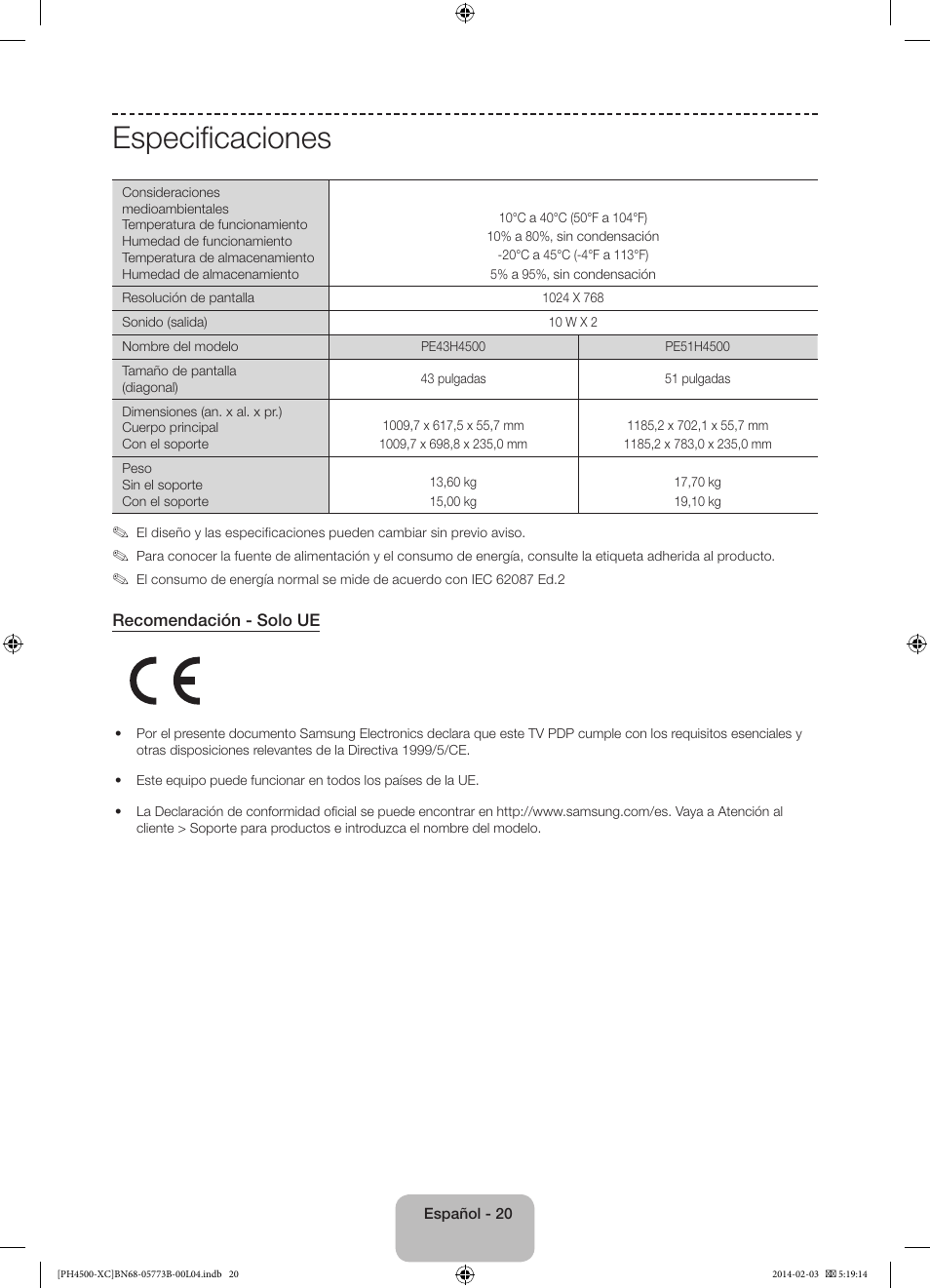 Especificaciones | Samsung PE51H4500AW User Manual | Page 64 / 89
