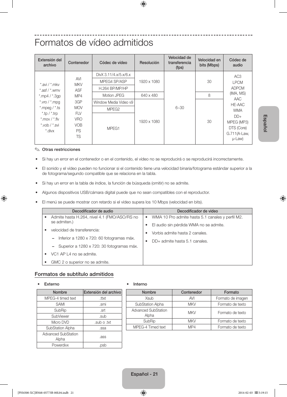 Formatos de vídeo admitidos, Formatos de subtítulo admitidos | Samsung PE51H4500AW User Manual | Page 65 / 89