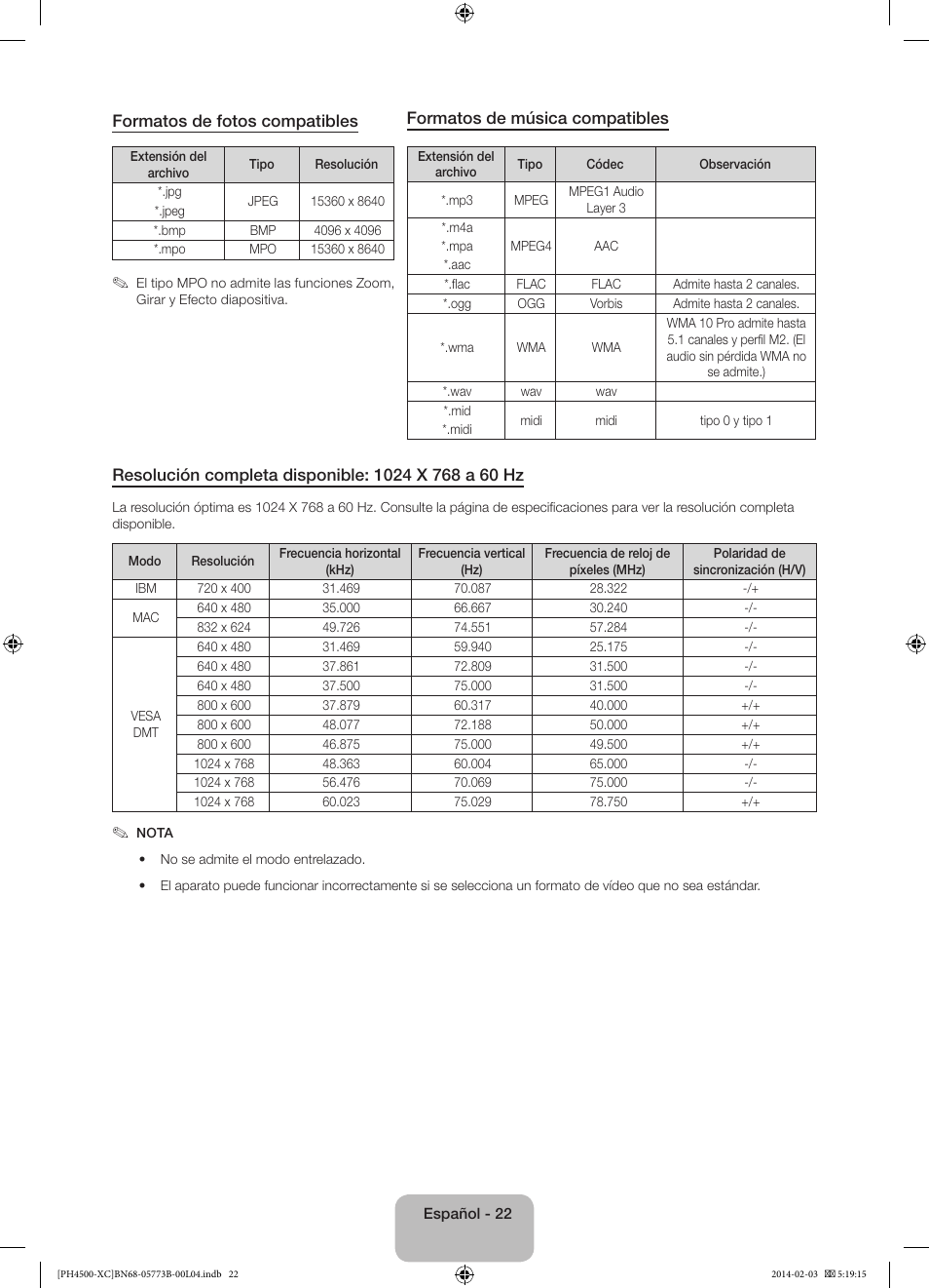 Formatos de fotos compatibles, Formatos de música compatibles | Samsung PE51H4500AW User Manual | Page 66 / 89