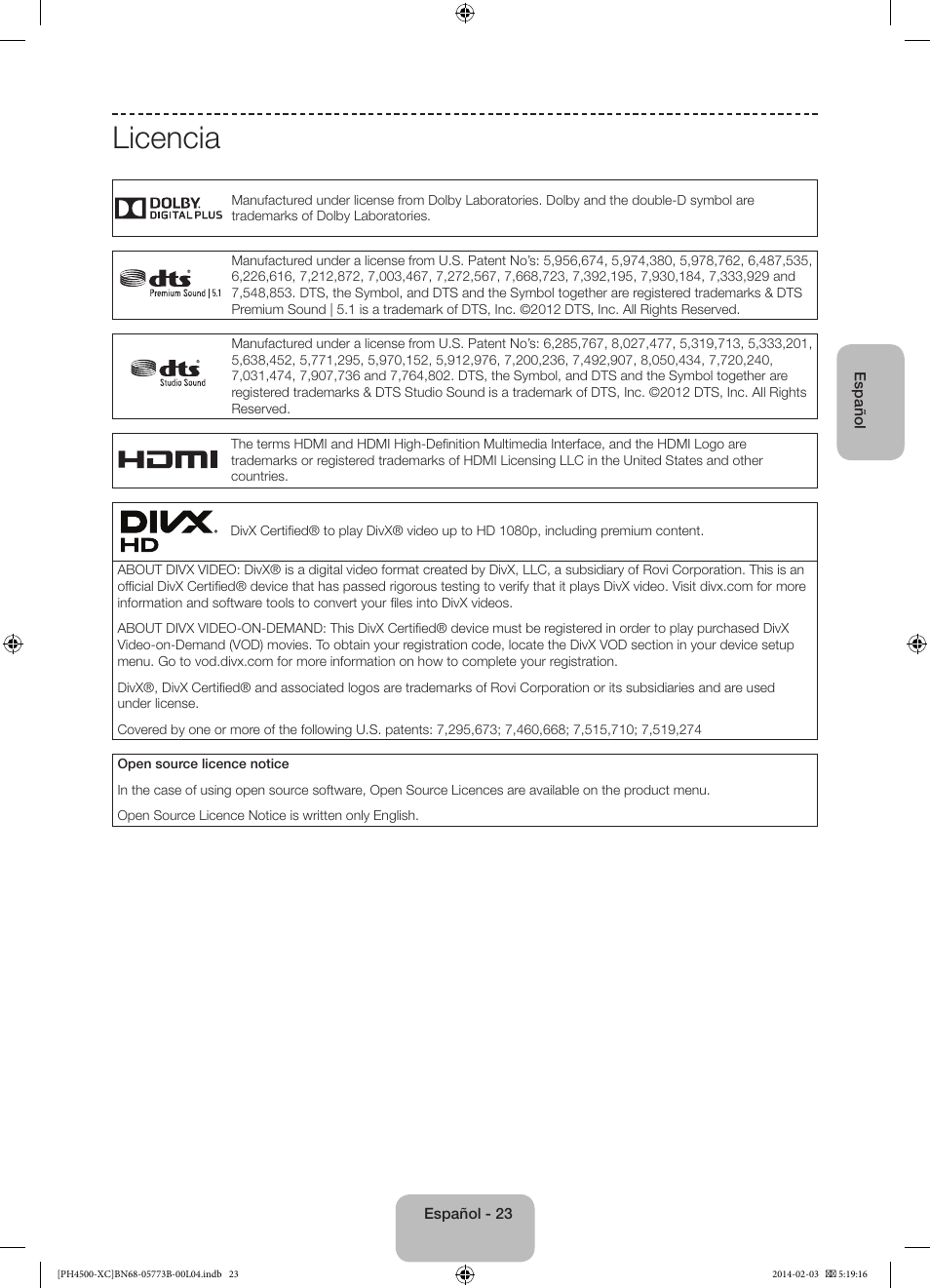 Licencia | Samsung PE51H4500AW User Manual | Page 67 / 89