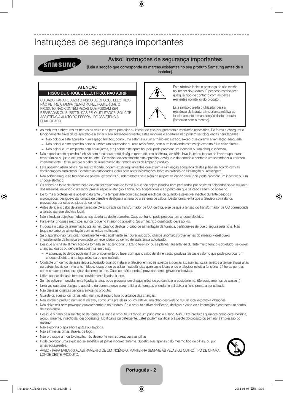 Instruções de segurança importantes, Aviso! instruções de segurança importantes | Samsung PE51H4500AW User Manual | Page 68 / 89