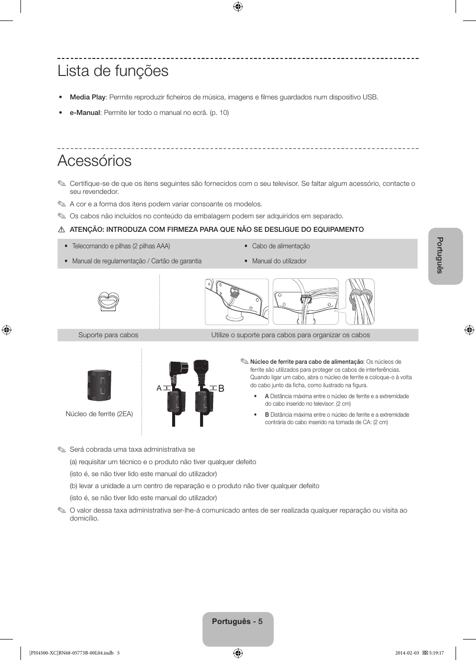 Lista de funções, Acessórios | Samsung PE51H4500AW User Manual | Page 71 / 89