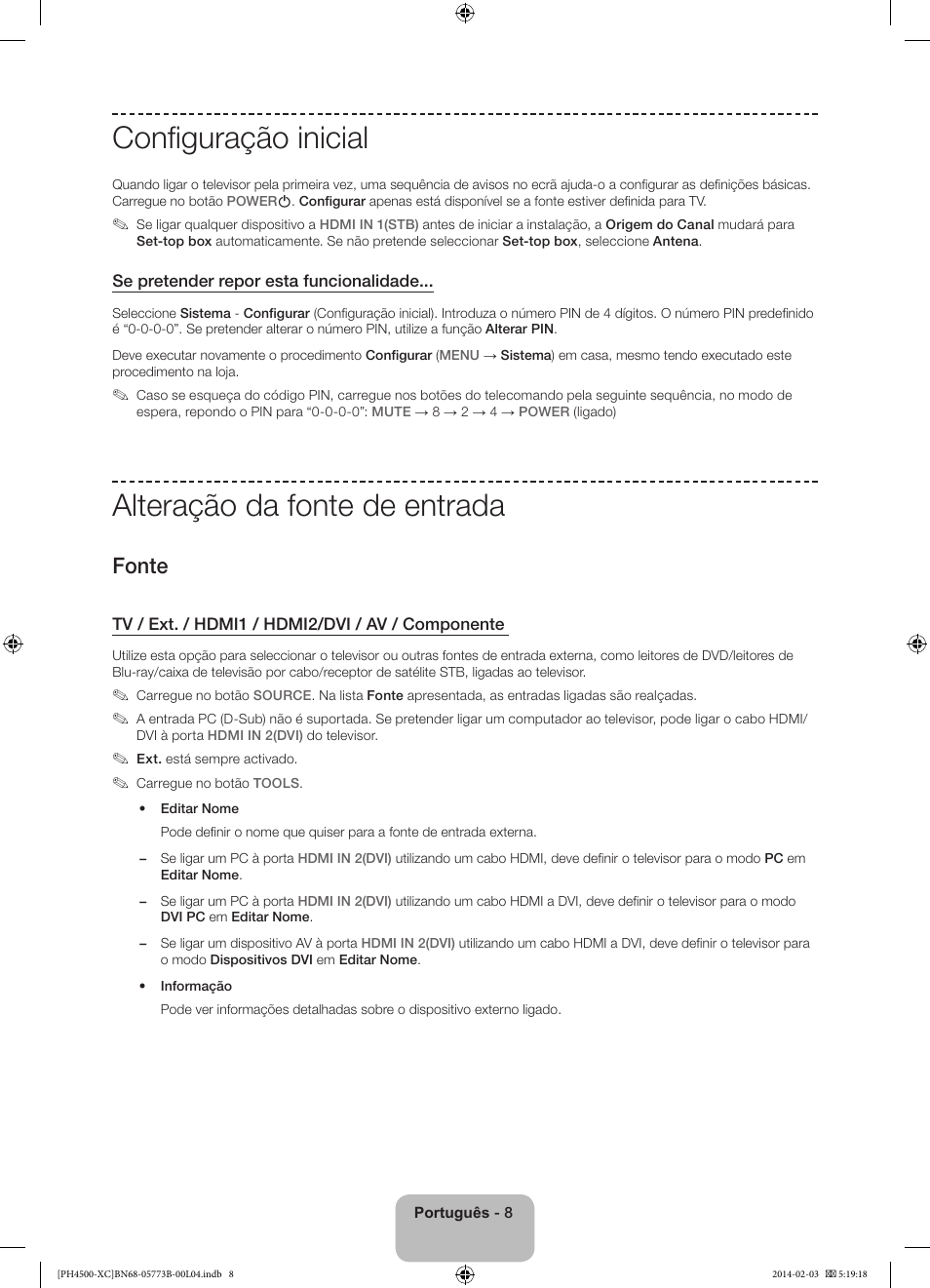 Configuração inicial, Alteração da fonte de entrada, Fonte | Samsung PE51H4500AW User Manual | Page 74 / 89