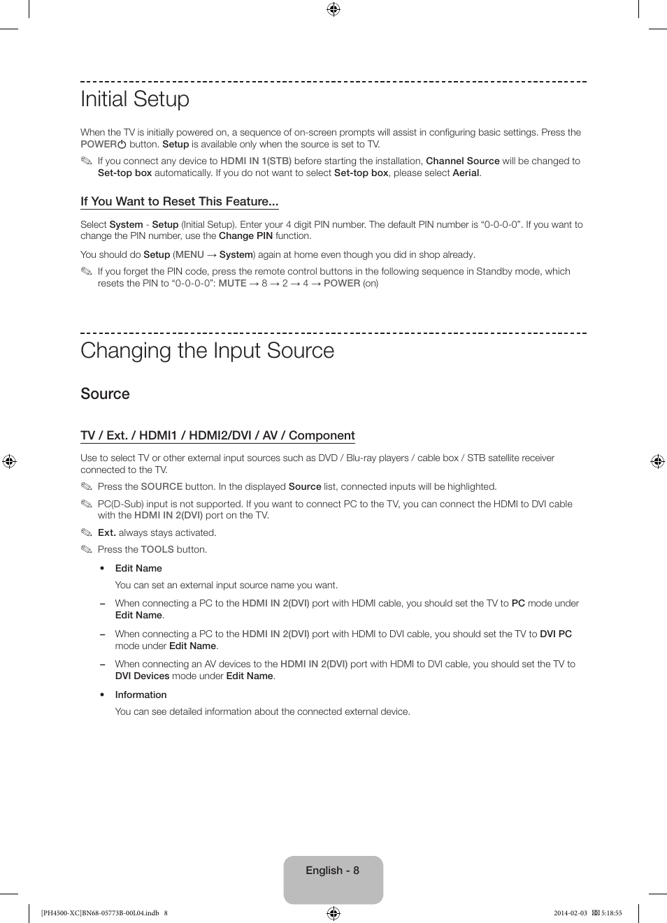 Initial setup, Changing the input source, Source | Samsung PE51H4500AW User Manual | Page 8 / 89