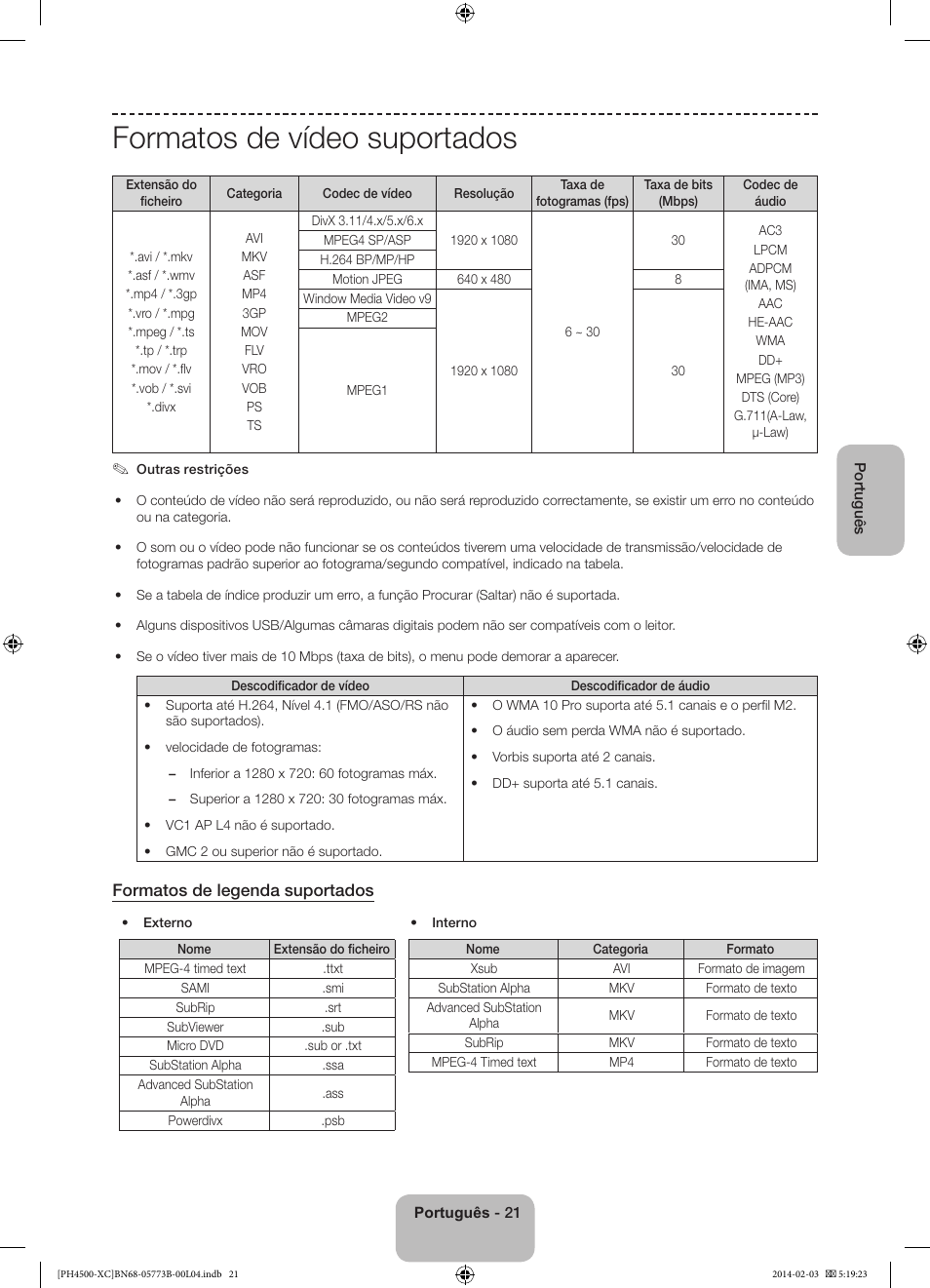 Formatos de vídeo suportados, Formatos de legenda suportados | Samsung PE51H4500AW User Manual | Page 87 / 89