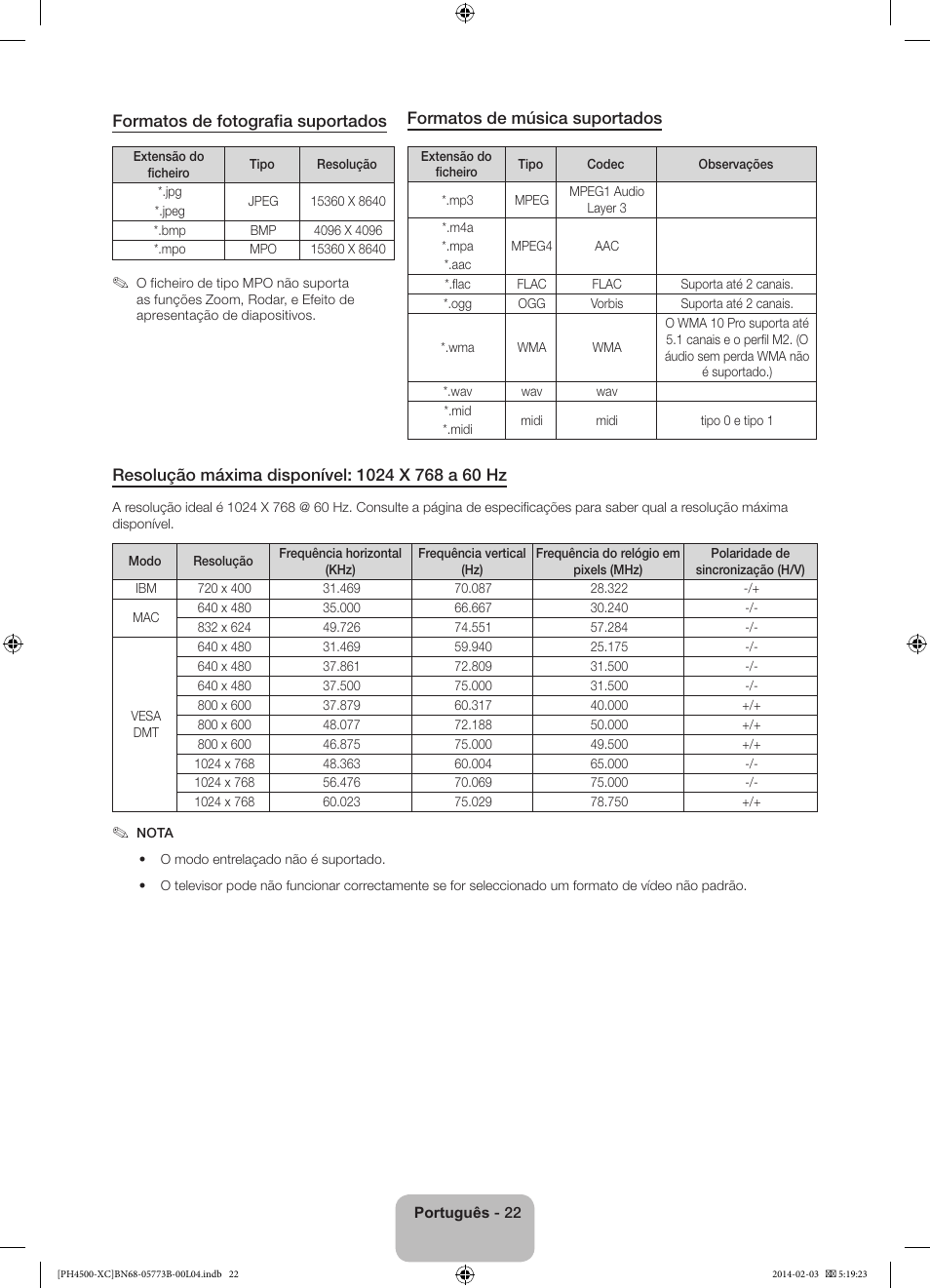 Formatos de fotografia suportados, Formatos de música suportados | Samsung PE51H4500AW User Manual | Page 88 / 89
