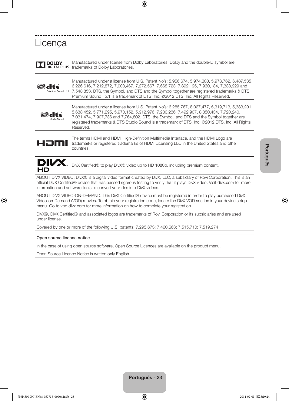 Licença | Samsung PE51H4500AW User Manual | Page 89 / 89