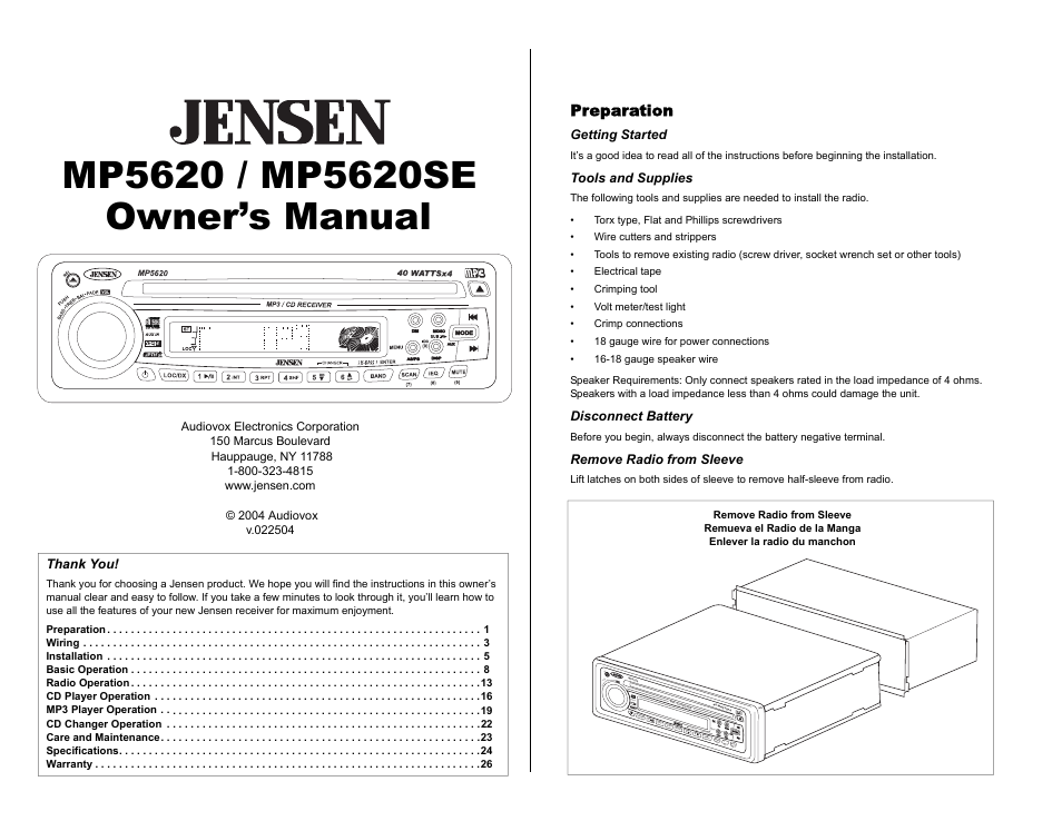 Audiovox MP5620SE User Manual | 26 pages