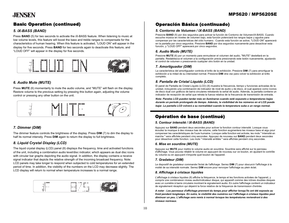 Basic operation (continued), Ix-bass (band), Audio mute (mute) | Dimmer (dim), Liquid crystal display (lcd), Operación básica (continuado), Contorno de volumen / ix-bass (band), Audio mudo (mute), Amortiguador (dim), Pantalla de cristal líquido (lcd) | Audiovox MP5620SE User Manual | Page 10 / 26