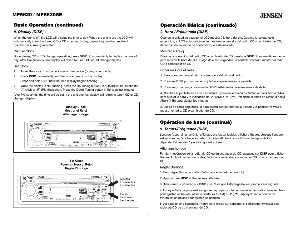 Basic operation (continued), Display (disp), Operación básica (continuado) | Hora / frecuencia (disp), Opération de base (continué), Temps/fréquence (disp) | Audiovox MP5620SE User Manual | Page 11 / 26