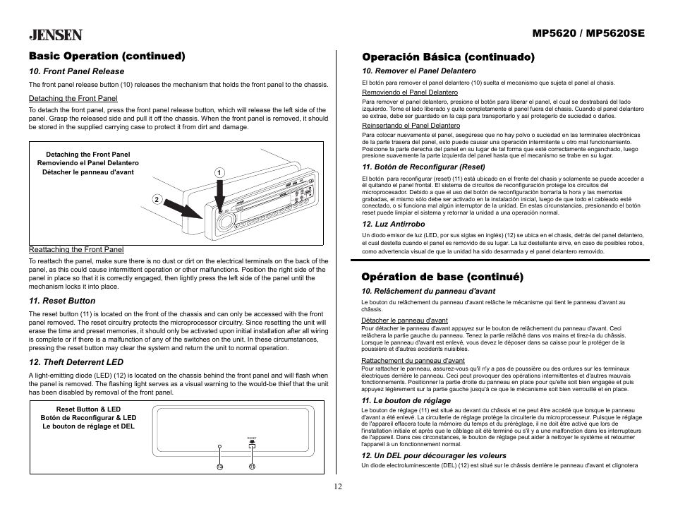 Basic operation (continued), Front panel release, Reset button | Theft deterrent led, Operación básica (continuado), Remover el panel delantero, Botón de reconfigurar (reset), Luz antirrobo, Opération de base (continué), Relâchement du panneau d'avant | Audiovox MP5620SE User Manual | Page 12 / 26