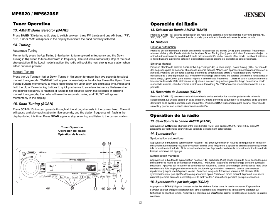 Tuner operation, Am/fm band selector (band), Tuning | Scan tuning (scan), Operación del radio, Selector de banda am/fm (band), Sintonía, Recorrido de sintonía (scan), Opération de la radio, Sélection de la bande am/fm (band) | Audiovox MP5620SE User Manual | Page 13 / 26